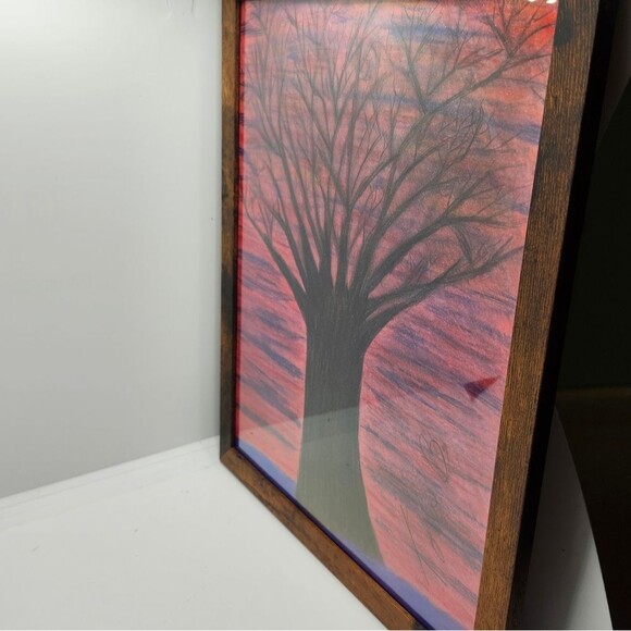 Handmade Framed Pencil Art  Winter Evening Tree Original Colored Drawing - Picture 4 of 14